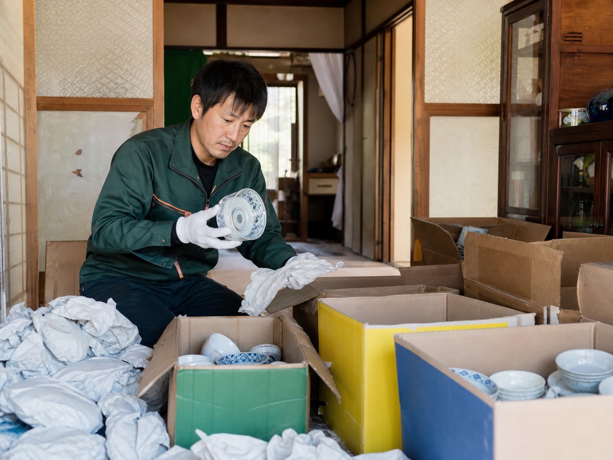 室内で家財を仕分ける作業員