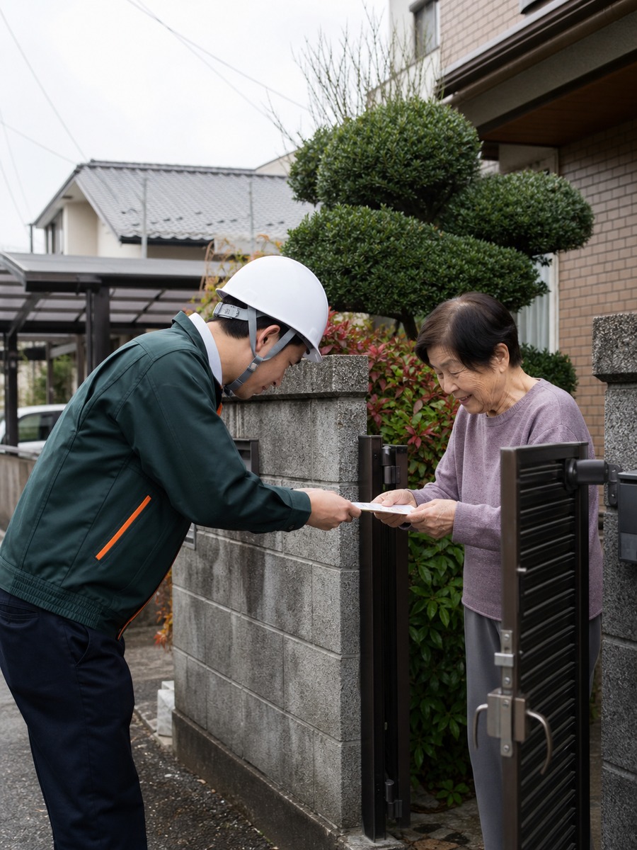近隣宅の玄関先であいさつするスタッフ