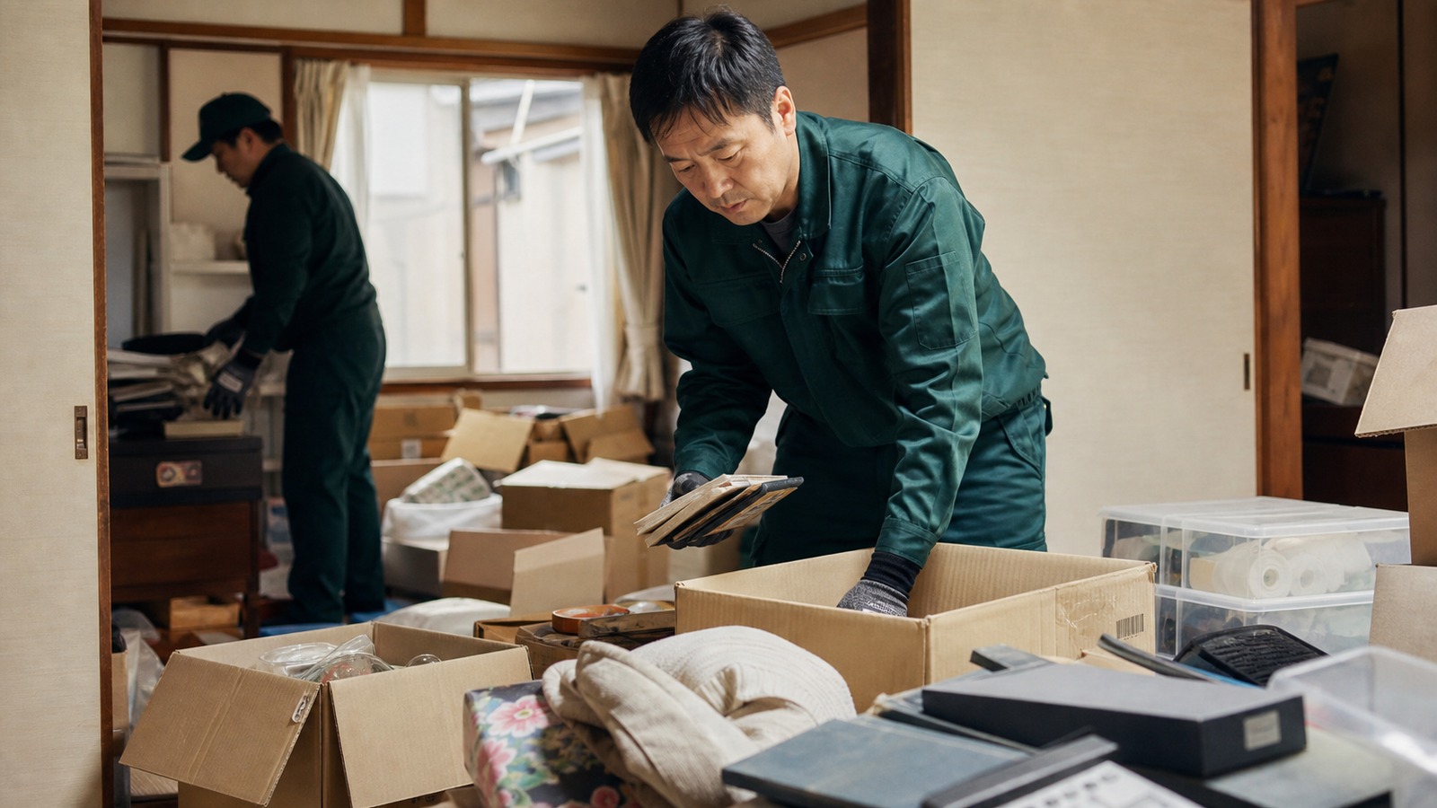 室内の不用品を回収する作業員