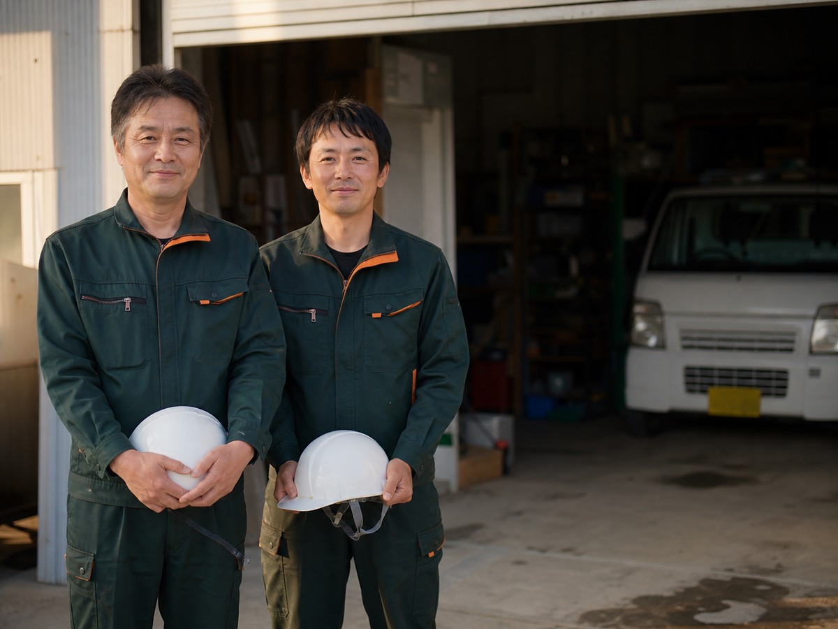 作業服・ヘルメット姿のPAOスタッフ2名