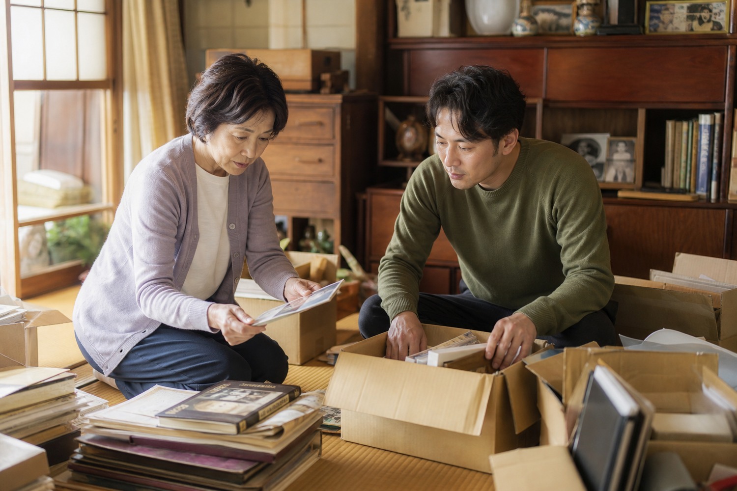 実家の居間で家財を仕分ける親子